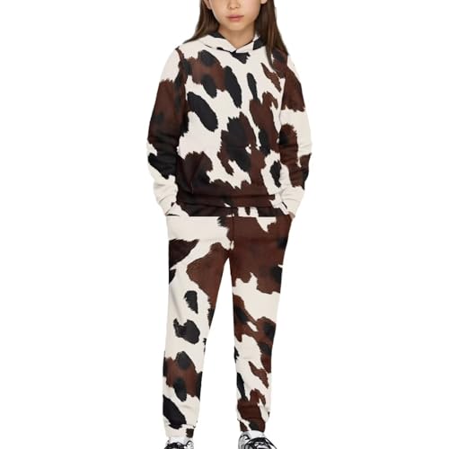 YECARYPOD 2PCS Brown Cow Print Jogger Outfits Set Youth Fashion Tracksuit Long Sleeve Pullover Sweatshirt Sweatpants Fall Trendy Sweatsuit Outfits for Girls