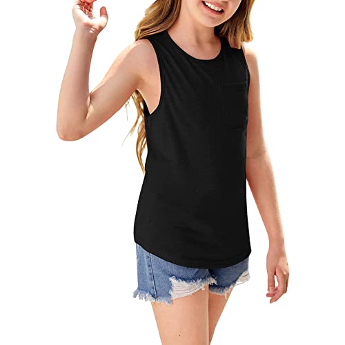 Generic Girl's Tank Tops Crew Neck Solid Color Casual Loose Fit Summer Sleeveless Basic Tee Shirts Blouse with Pocket3