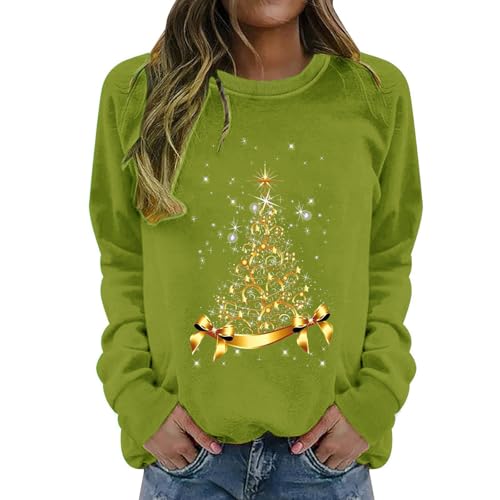 Jersey de Navidad para mujer, divertido, camiseta de manga larga, cuello redondo, manga larga, sudadera navideña, diseño de árbol de Navidad, verde, 3XL