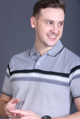 Image of GODFREY Striped Tshirt Shirts Men Cotton Polo T Shirt for Man with Pocket - Regular Fit Half Sleeve Collar T Shirts for Men