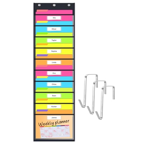 Godery Clear Storage Pocket Chart for Classroom & Office with 10 Nametag Pockets, 3 Overdoor Hangers Included, Hanging Wall File Organizer for File Folders, Assignments, Files, Scrapbook Papers & More