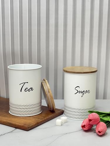 Image of JISCOVERY Airtight Tea & Sugar Container Set of 2| Metal Storage Canister with Wooden Lid for Kitchen| Storage Box for Kitchen Counter Top| 1300 ML| White