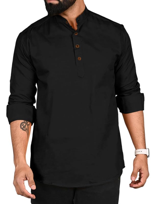 Men’s Cotton Blend Solid Long Sleeve Short Kurta | Lightweight Comfortable Summer Kurta for Men | Mandarin Collar Ethnic Casual Wear for Daily Office Festive & Party Use-image-23