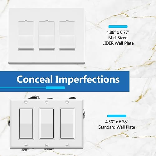 Image of LIDER Triple Decorator Switch Cover, Screwless Wall Plate, Mid-Size 3-Gang 4.88 inch x 6.77 inch, LSWP-33M-W, UL Listed, Thermoplastic, Matte White, 1-Pack