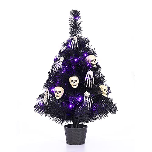 Sunnyglade 21.6 Inch 30 LED Mini Halloween Black Tree Artificial Spooky Tree Glittered with Purple Lights & Skull Head, Skeleton Hands Decoration for Halloween Indoor Tabletop Decoration