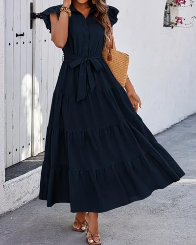 dowerme Women's Summer Casual Dresses 2025 Cap Ruffle Sleeve V Neck Button Belted Tiered Boho Maxi Dress with Pockets(Navy,Large) — view 4