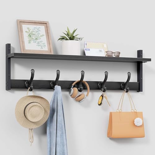 Image of Tatub 29 inch Rustic Coat Rack Wall Mount with Shelf, Entryway Wall Hooks with Shelf, Coat Hangers for Bathroom, Living Room, Bedroom, Black