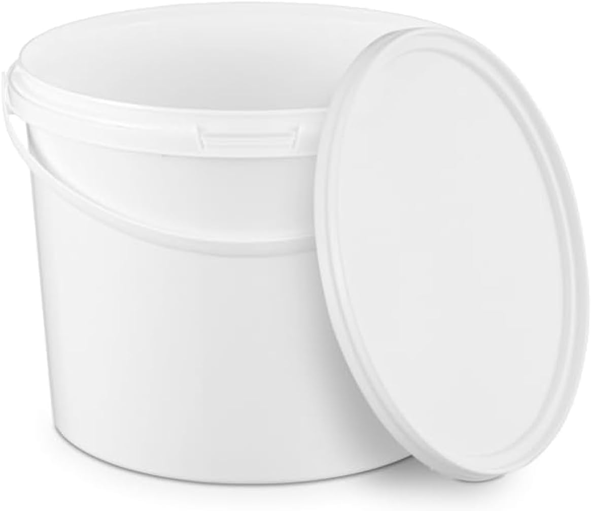 Benbow 5 Bucket With Lid 3L White X 3 Liters - Food-Safe, Stable, Airtight, Leak-Proof, Odourless - Plastic Bucket With Handle - Empty