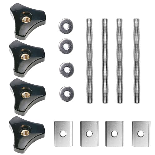WeqeYent 4 Sets(16 Pcs) T-Track Accessories M8 Aluminum Alloy Sliding Nuts, Plastic Knobs with Stainless Steel bolts and washers,T-Slot Set for DIY Woodworking Tool Slot Fastener