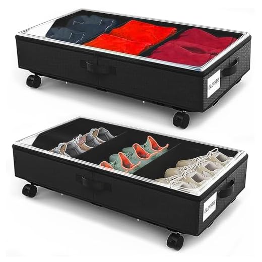 Cajas Almacenaje Ropa 2 Piezas Organizador Armario Canape Bolsa de Almacenamiento Guardar con ruedas Marco Metálico Ventana Transparente Plegable Caja Bajo Cama Para Zapatos Mantas Juguetes,Negro
