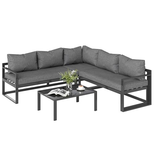 Outsunny Juego de muebles de jardín de 3 piezas con asiento ancho, 4 niveles ajustables, tumbona de jardín con mesa auxiliar, sofá con cojín, aluminio gris