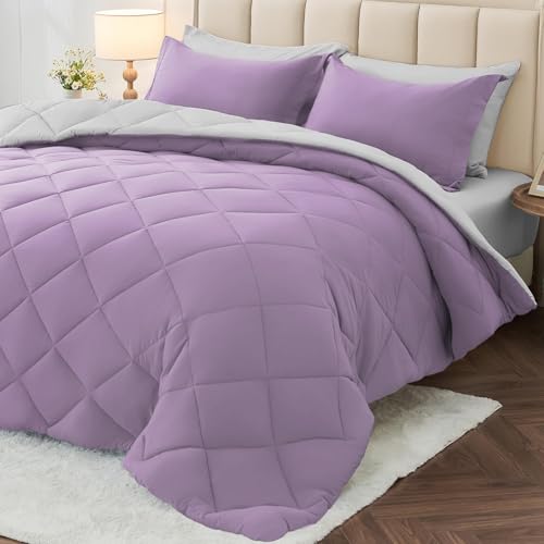 MUXHOMO Queen Comforter Set 7 Pieces, Greyish Purple/Light Grey