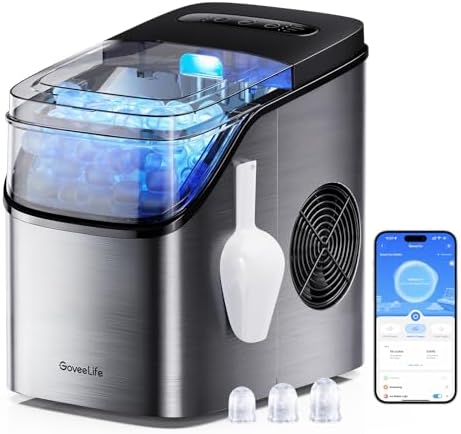 GoveeLife Smart Ice Maker Countertop, Portable Ice Machine with Voice Control, 9 Ice Cubes in 6 Minutes 3 Sizes, 26lbs/24Hrs, Self Cleaning RGB Lights, Quiet Ice Maker with Scoop for Kitchen Silver : Appliances