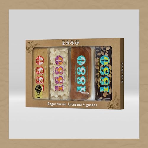 1880 – Auswahl von handwerklich hergestelltem Turrón in 4 Geschmacksrichtungen: Turrón de Jijona, Turrón de Alicante, Turrón de Yema, Schokoladen-Turrón, 4 x 75g, Packung mit 300 g.