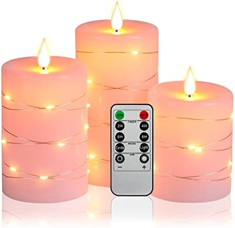 Flameless Candle,Battery Powered with Embedded Starlight String, 3Pack LED Candles, 10-Key Remote Control, 24-Hour Timer Function, Dancing Flame, Real Wax.Pink（Batteries not Included）