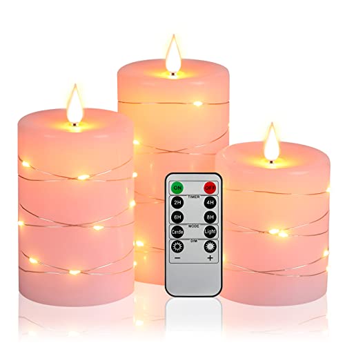 Flameless Candle,Battery Powered With Embedded Starlight String, 3Pack Led Candles, 10-Key Remote Control, 24-Hour Timer Function, Dancing Flame, Real Wax.pink（Batteries Not Included） #TOP18