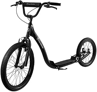 HyperMotion Scooter Adult Scooter for Teenagers and Adults 100kg Max. Weight Capacity Inflatable Solid Steel Large Wheels 20 and 16, Adjustable Handlebar 2 Brakes Ride, RIVA, Black/White