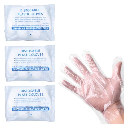 AEIOPRS 300 pcs Guantes desechables de plástico transparente guantes transparentes para cocinar limpiar pintar teñir el pelo