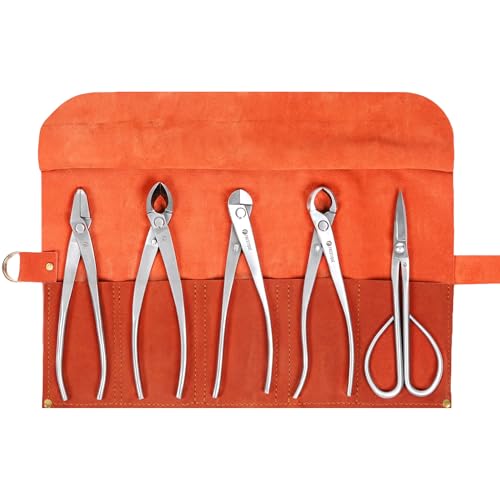 Frestique BTSS01 Bonsai Tool Set - 5-Piece Stainless Steel Bonsai Tools With Genuine Leather Case, Bonsai Scissors, Branch Cutter, Wire Cutter, Jin Plier, Knob Cutter cover