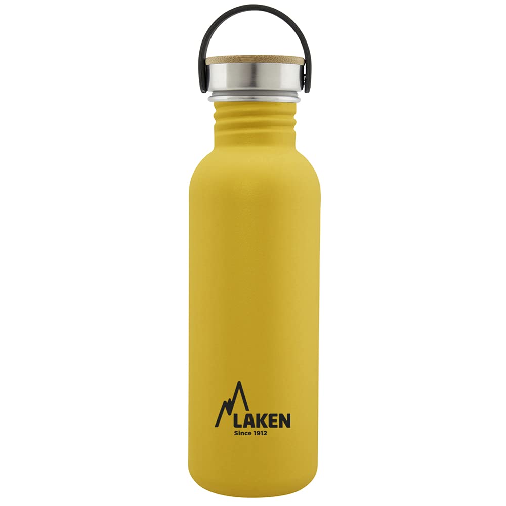 LAKEN Stainless Steel Bottle with Steel and Bamboo Screw Cap and Wide Mouth 750 ml, Yellow, Lemon Tree
