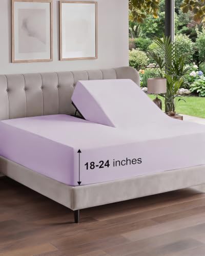 Image of Extra Deep Flex Top Split Head King Fitted Sheet - Hotel Luxury Single Fitted Sheet Only - Easily Fits 18 inch to 24 inch Mattress - Ultra Soft, Wrinkle Free w /Extra Deep Pockets - Light Lavender