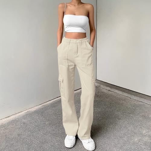 Image of Lepunuo Cargo Pants for Women High Waisted Casual Pants Baggy Stretchy Wide Leg Y2K Streetwear with 6 Pockets