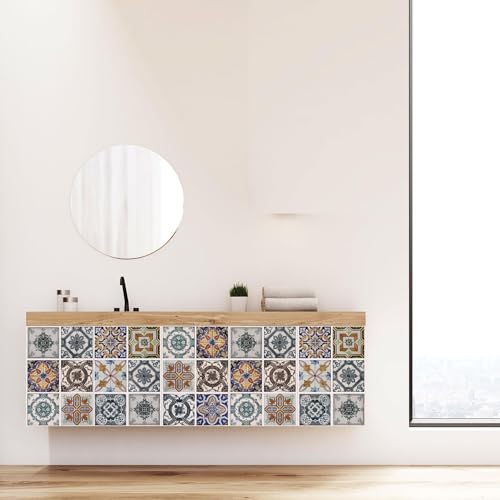 WALPLUS 24 Stück 15x15cm Korfu Farbenfroh Mediterran Mehrfarbig Wandfliesen Aufkleber Schälen und Kleben Backsplash Abziehbilder Startseite Dekore Aufkantung für Küche Badezimmer Kacheln Farbe auf