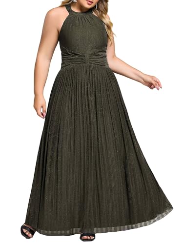 Image of Ever-Pretty Plus Women's Floor Length A-Line Halter Sleeveless Pleated Glitter Plus Size Formal Dress Evening Gown