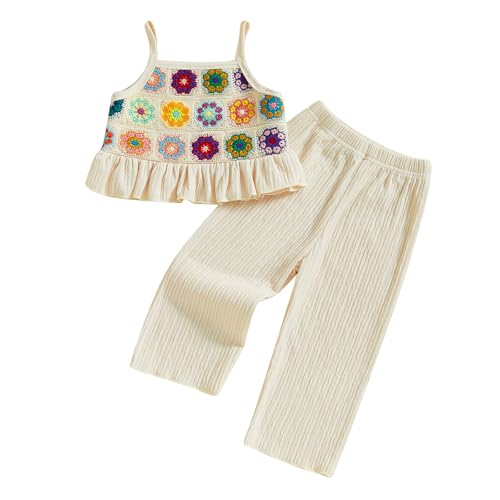 VISGOGO Baby Girl Outfits Toddler Girls Summer Clothes Crochet Flowers Camisole and Pants Set (Beige-Flower, 2-3T)