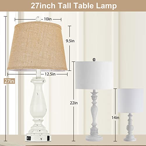 3-Color Temperature Table Lamps With Usb And Outlet, Bedside Lamp For Bedroom Set Of 2, White Resin Farmhouse Lamp With Burlap Shade, Nightstand Lamp With Rotary Switch For Living Room(Bulbs Included) #TOP3
