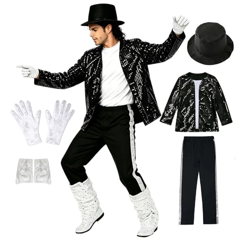 Costume Chanteur Homme 2026 Déguisement Star de la Musique Adulte, Tenue Complète avec Veste à Paillettes Disco et Accessoires pour Halloween Soirées à Thème Spectacles Festifs Robe Enfant Filles (M)