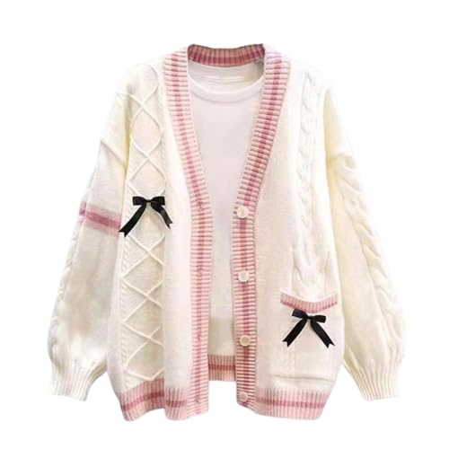 Image of Women's Cute Cable Knit Cardigans,Long Sleeve Button Up Sweater Kawaii Cardigan Coat Outwear with Pinned Bowkno