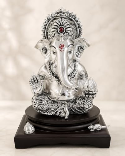 Image of Silver-Plated Lord Ganesha Idol with Modak & Mushak | Ganpati Murti for Home, Pooja Room, Office Desk & Car Dashboard | Home Decor & Diwali Gift - Large