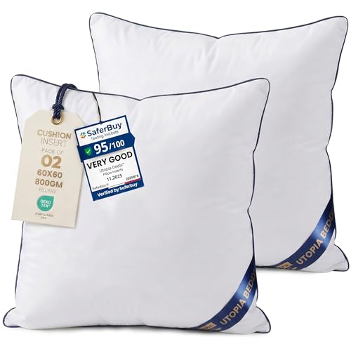 Utopia Bedding Cushion Inner Pads (Pack of 2) 60x60 cm (24 x 24 inches) Cushion Stuffer Inserts Hollowfibre Piping Pillows (White)