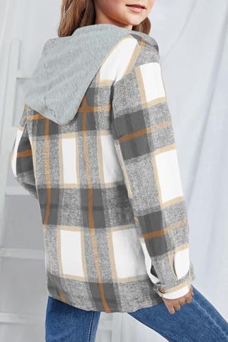 Image of Girls Cute Flannel Plaid Button Down Top with Pockets Long Sleeve Hooded Jacket