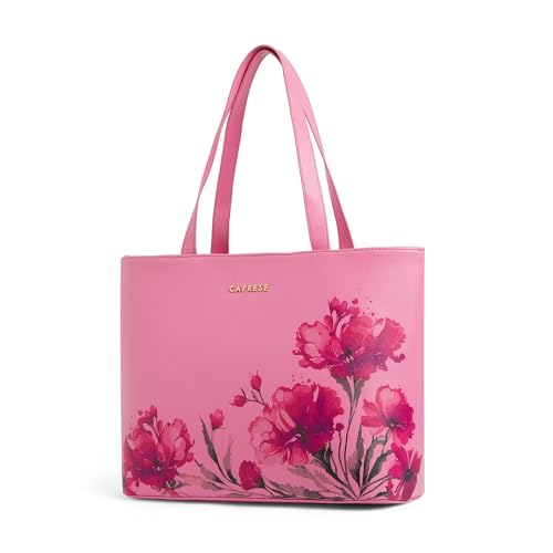 Image of Caprese Chloe Large Floral Tote Bag for Women|Stylish, Durable, Multi-Compartment Design for Work, Travel, Shopping |Comfortable Straps Shoulder Bag, Ideal for Laptop & Essentials (Violet)