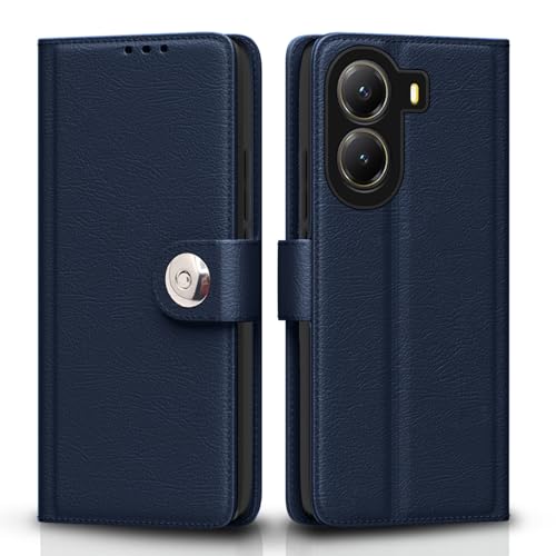 Image of Pikkme Flip Cover Leather Finish | Inside TPU with Card Pockets | Wallet Stand and Shock Proof | Complete Protection Button Flip Case for Poco X7 Pro 5G(Blue)