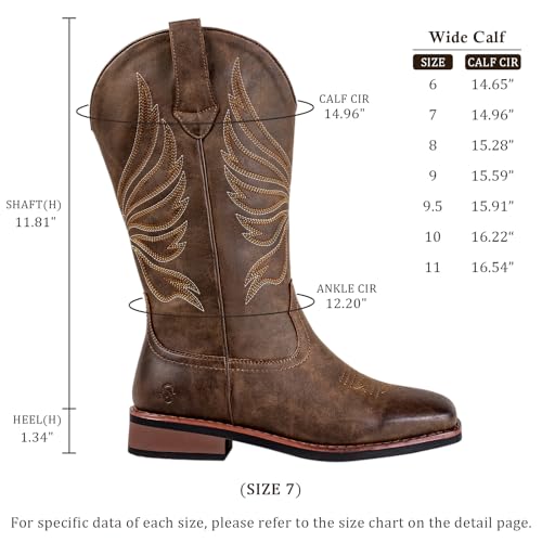 SheSole Cowgirl Boots Wide Calf with Roomy Square Toe - Easy On/Off with Side Zipper & Elastic, Comfortable Western Cowboy Boots Women for Curvy Legs3