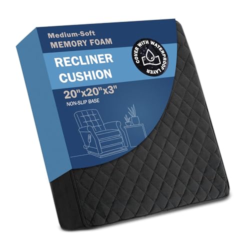 COMFORTANZA Medium-Soft 20x20x3 Memory Foam Recliner Chair Seat Cushion for Long Sitting - Armchair Pad with Washable Velvety Cover with Waterproof Layer & Non-Slip Base for Seniors & Elderly - Black