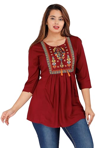 Image of Avayayat Women's Rayon Classic Heavy Embroidery Top with Beautifull Tassels at Front and on Both Sleeves Regular Fit Office Wear Festival Tunic Jeans Summer