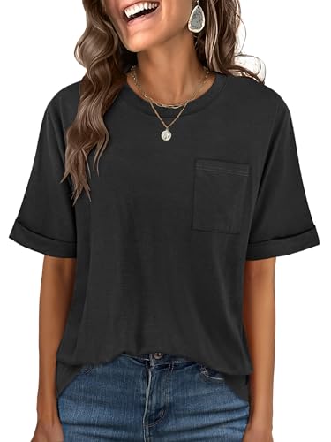 ANRABESS Women Oversized T Shirts Short Sleeve Summer Casual Loose Top Basic Tee with Pocket Black X-Large