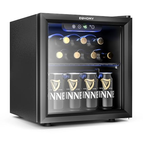 EUHOMY 12 Bottle 48 Can Mini Fridge Cooler, 1.3 Cu.Ft Beverage Refrigerator Glass Door for Beer Soda Wines,Small Refrigerator with Adjustable Shelves and LED Light for Office, Home, Dorm, Bar