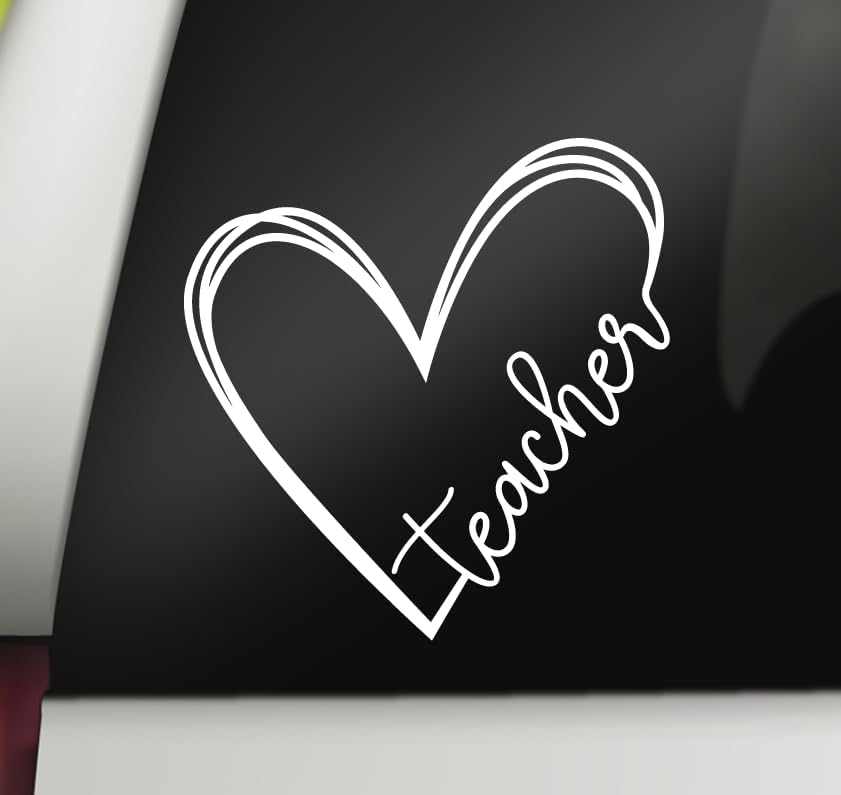 Image of Teacher Decal | Teacher Heart Decal | Teacher Appreciation Gift Car Decal | Teacher Sticker Bumper Sticker Window Laptop Tumbler Decal | 4.8 inch x 5 inch Size | White | Made in USA | DECALBUNNY