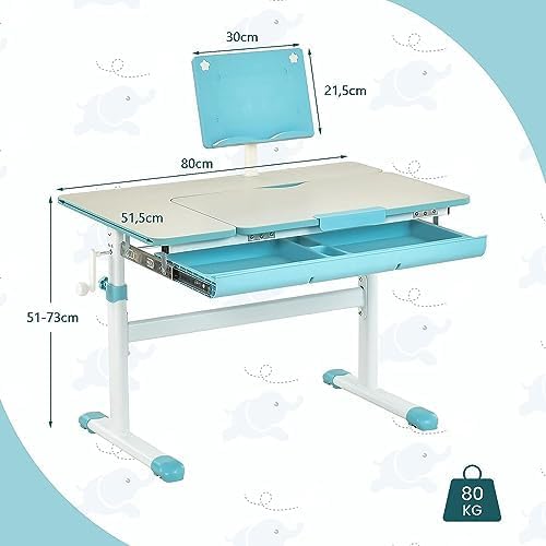 Student Desk Height Adjustable, Children's Desk with Tilting Table Top, Book Stand, Drawer & Measuring Ruler, Ergonomic Youth Desk