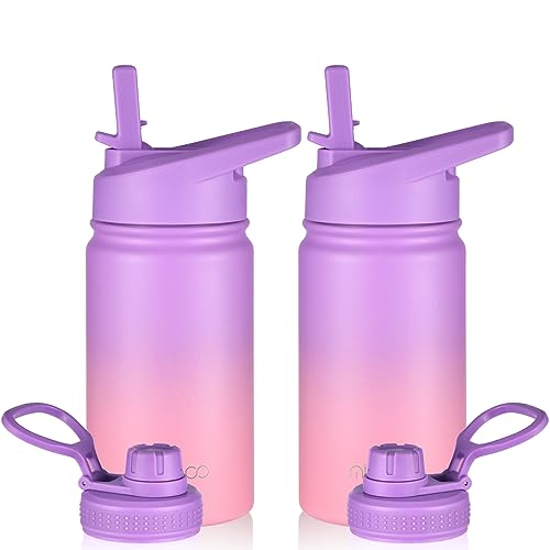 Mininoo Kids Water Bottle 2 Pack, 12 oz Insulated Water Bottle 2 Pack for Kids with Straw Lid and Chug Lid (Purple/Pink)