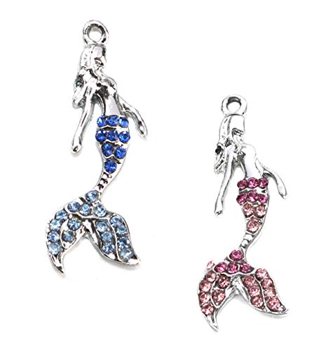 JGFinds Mermaid Charms - 10 Charms (5 of Each), Pink and Blue Rhinestone, 1 Inch Long with a 1/8 Inch Bell, Pendants and Charms for Craft and Jewelry Making Supplies