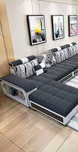 Image of Torque Silvester 12 Seater Sofa Set for Living Room (Black) | Interchangeable U Shape Sectional Sofa | Solid Wood Frame & High-Density Supersoft Foam | Includes Puffy & Stool | Modern Home Furniture