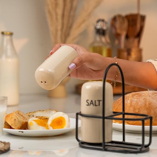 Image of Ivory & Iron Salt & Pepper Set - Ceramic Shakers with Metal Stand - Minimal Tabletop Essentials for Everyday Dining