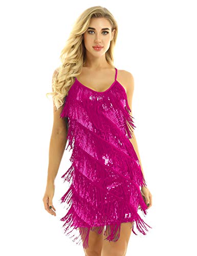 CHICTRY Women s Spaghetti Straps Tassels Sequin Fringe Flapper Dress Party Dancewear Night Mini Dress Rose One Size