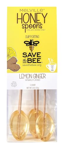 Image of Melville Candy All Natural Honey Spoons & Lollipops on Wooden Ball Sticks - Gluten-Free, Made in USA Stirrers for Tea, Coffee, & Hot Beverages - Individually Wrapped ( inchSave The Bee inch Lemon Ginger)